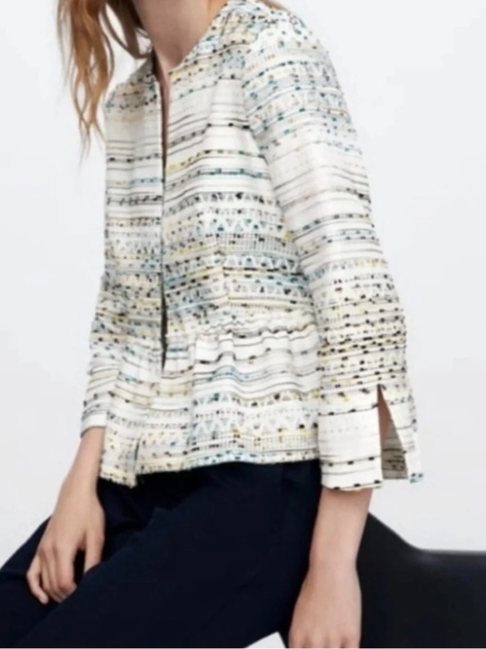 Zara Textured Peplum Jacket Blazer White Metallic Thread Open Front Size M - Picture 1 of 11